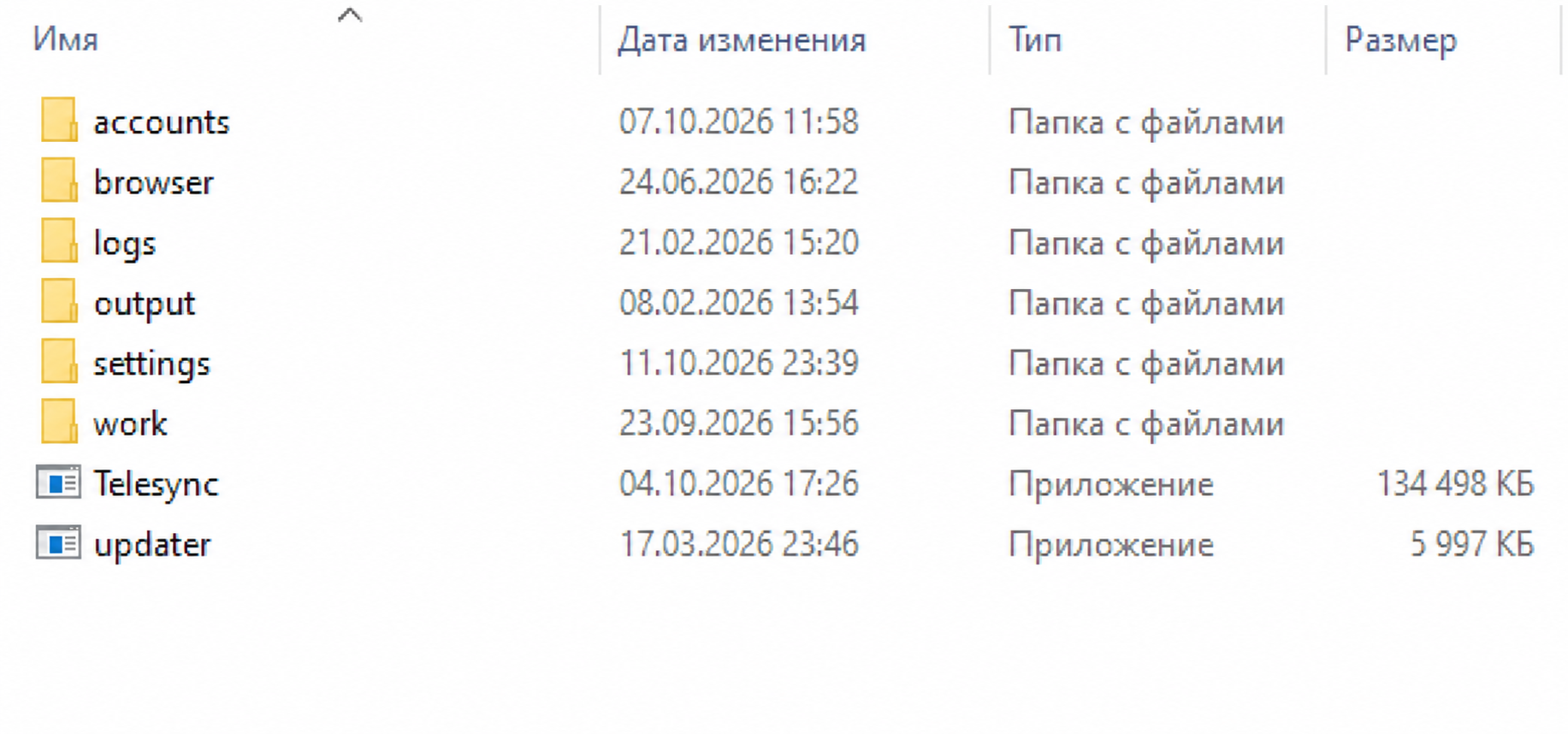 Содержимое корневой папки Telesync: accounts, browser, logs, output, settings, work, Telesync и updater