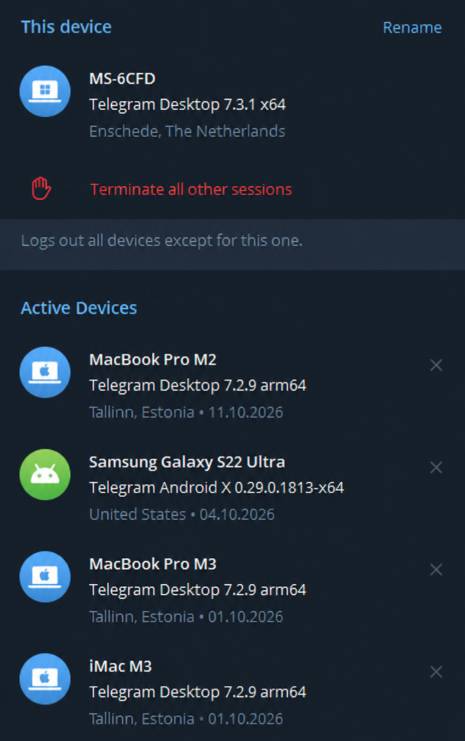 Список активных устройств Telegram с Desktop и Android сессиями